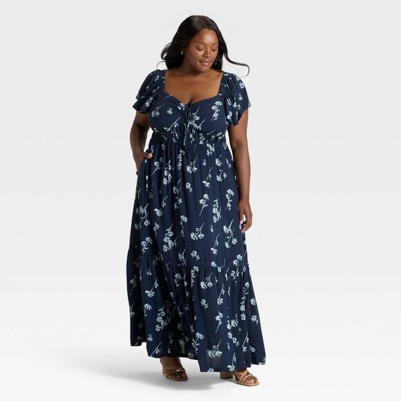 Ava & Viv - Women's Flutter Short Sleeve Maxi Empire Waist Dre Navy Blue - Picture 1 of 3